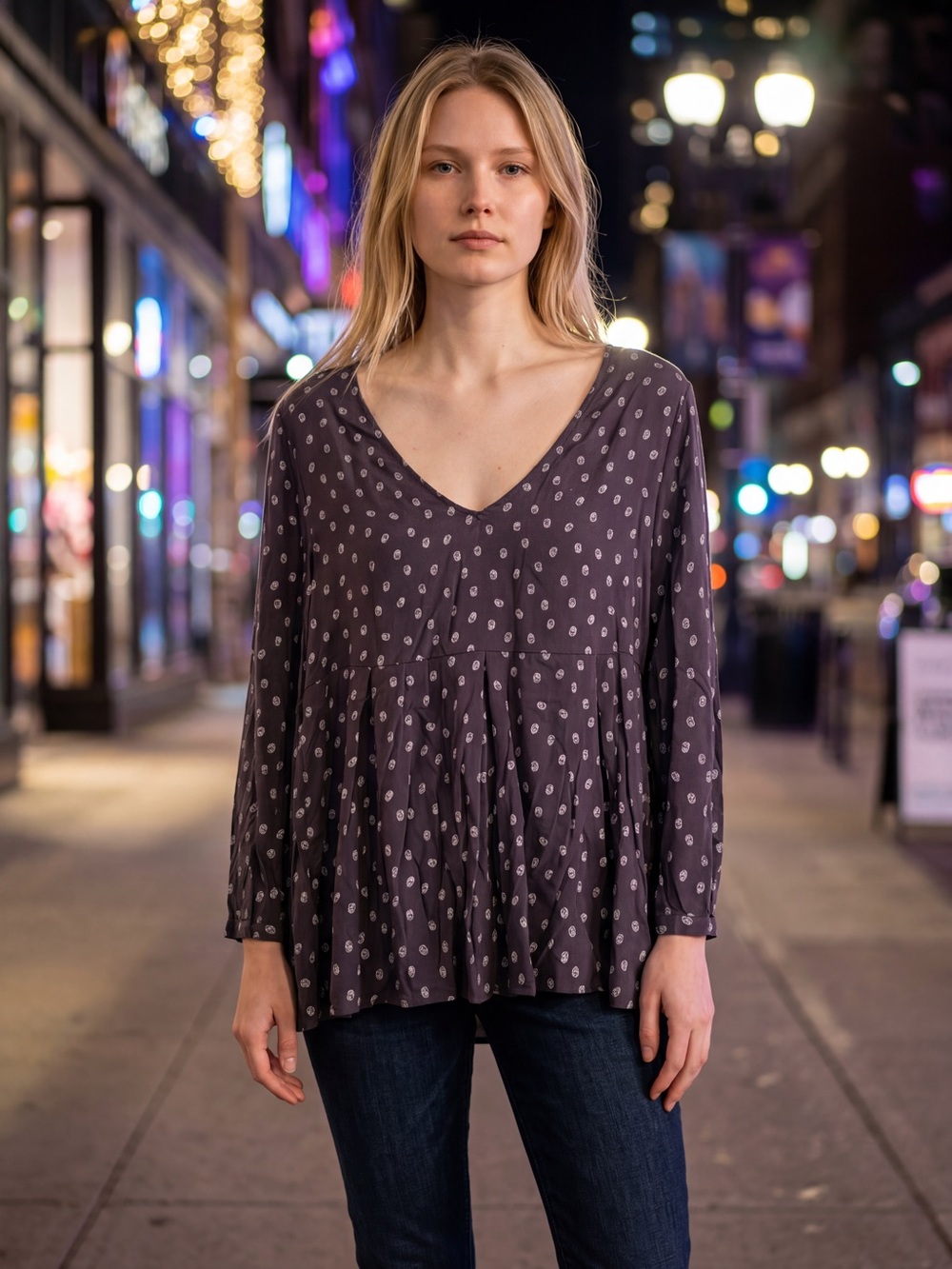 hinge Charcoal Scoop Neck Blouse‎ with White Dot Motif
